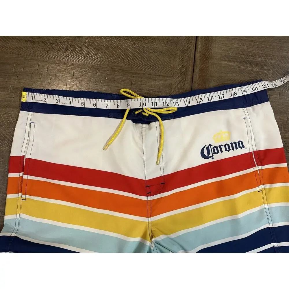 Corona Swim Trunks Mens L 36/38 Blue Colorful Striped Board Shorts Beer Retro
